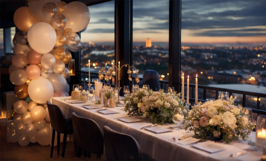 Hochzeitsdekoration im Clouds Hamburg mit Ballons und Floristik